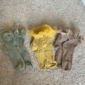 Lace Trimmed Socks Set in Green, Yellow, and Brown set
